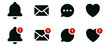 © icons gate - Notification bell icon set. New email message notification icon or alarm alert reminder icon sign. Love like with Notifications and chat message speech bubble icon - Web icons collection set