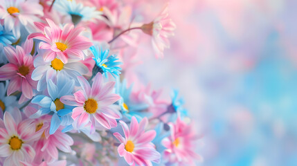 Poster - Border of a beautiful pink blue daisy flowers gentle flower bouquet fine art background selective focus tender greeting card for wedding day : Generative AI