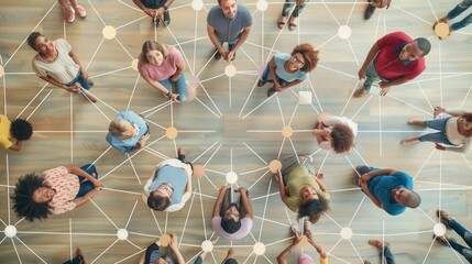 Fototapete - A diverse group of people stand in a circle connected by a web of social media, representing community and connection. Generative AI