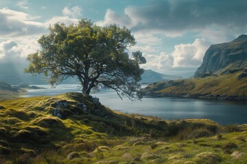 Wall Mural - Solitary Tree on a Hillside Overlooking a Scottish Loch