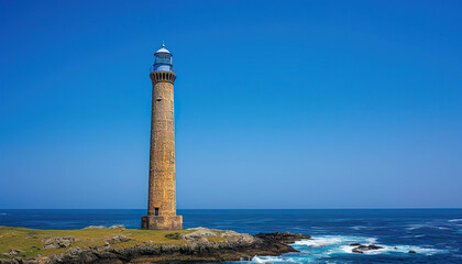 Wall Mural - Tall stone lighthouse standing on a rocky outcrop overlooking the vast blue ocean. Generated by AI.