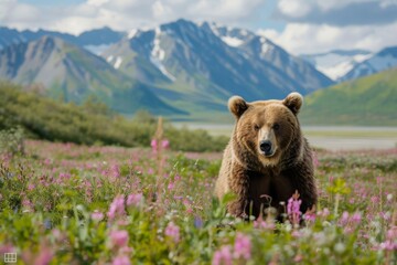 Sticker - A Grizzly Bear in a Field of Flowers with Mountains in the Background