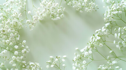 Poster - feminine wedding desktop with babys breath Gypsophila flowers on pale green background Empty space Floral frame web banner Top view Picture for blog or social media : Generative AI