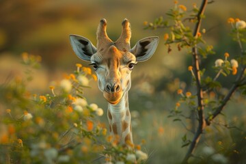 Wall Mural - Curious Giraffe Peeking Through Flowers