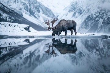 Wall Mural - Moose Reflecting in Frozen Lake