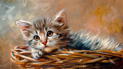 Wall Mural - A cute kitten is laying in a basket. Generate AI image