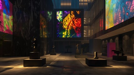 Wall Mural - contemporary art museum with a dark onyx facade, abstract sculptures in the forecourt, and colorful art projections on the walls at night