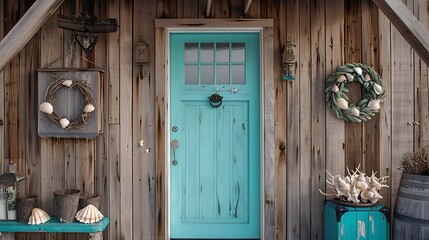 Wall Mural - coastal entryway with a bright aqua door, surrounded by weathered wood and seashell wreaths