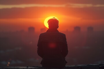 Poster - Silhouette of Man Watching Sunset Over Cityscape