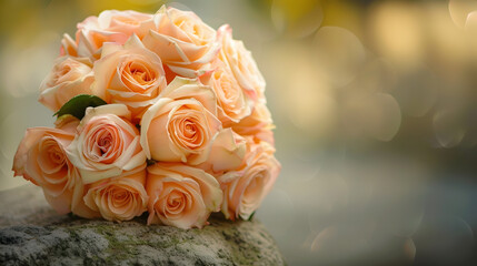 Wall Mural - A beautiful bouquet of peach roses in closeup A bouquet of roses is lying on a stone selective focus  Wedding The wedding : Generative AI