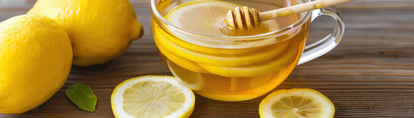 Wall Mural - A glass of lemonade with a spoon in it and a few slices of lemon on the table