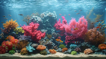 Wall Mural - Visualize marine aquarium setups with illustrations of coral reefs and exotic fish species. Illustration, Minimalism,