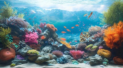 Visualize marine aquarium setups with illustrations of coral reefs and exotic fish species. Illustration, Minimalism,