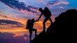 © Krystian - Sunset Silhouette Hikers Climbing Mountain Helping Each Other Outdoor Adventure Journey