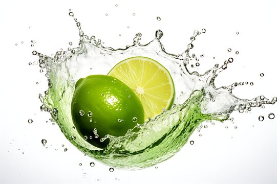 Fresh Lime and splash of water on white background