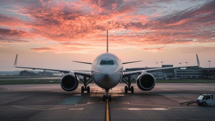 Wall Mural - A large airplane parked on the runway at sunset, AI