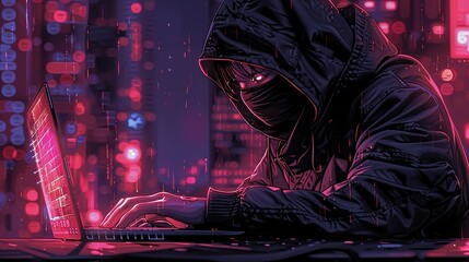 Wall Mural - An intense hacktivist character, with a dark hoodie and mask, typing on a laptop, set against a digital background, perfect for cyber security and activism-themed illustrations. Illustration,