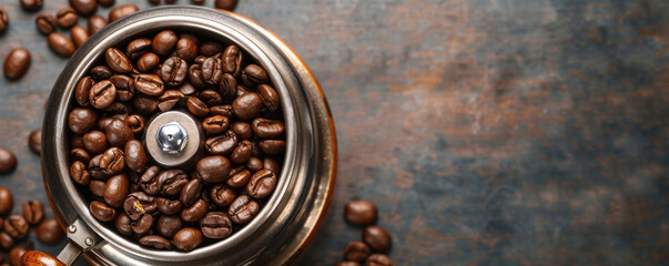 Wall Mural - A coffee grinder with a large amount of coffee beans in it