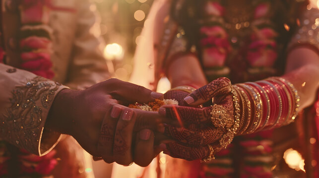 An Indian bride and groom holding their hands during a Hindu wedding ritual Closeup view selective focus : Generative AI