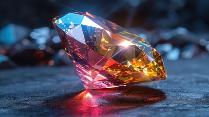 a stunning three-dimensional gemstone, with intricate facets and brilliant colors, set against a dar