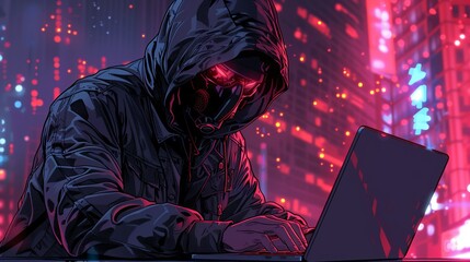 Wall Mural - An intense hacktivist character, with a dark hoodie and mask, typing on a laptop, set against a digital background, perfect for cyber security and activism-themed illustrations. Illustration,