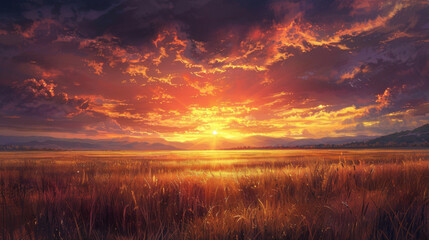 Wall Mural - A painting of a sunset over a lake with a tree in the foreground