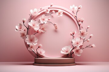 Wall Mural - Empty podium with sakura flower tree branch on pastel pink background. Romance stand for product with flowers. Cosmetic or beauty promotion step pedestal. Template for package presentation