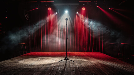 isolated standing microphone on a theater stage with spotlights and red curtain, stand up comedy night show