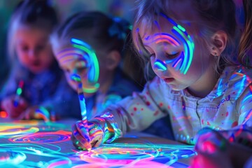 Children creating colorful neon art in the dark with glowing paint, showcasing artistic creativity and fun in a vibrant, luminous environment.