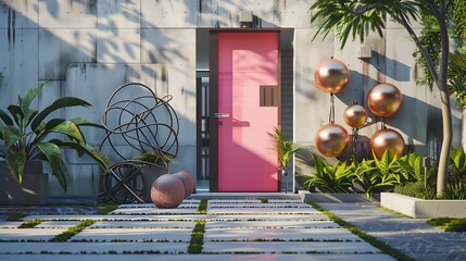 modernist approach with a hot pink door on a house of clear geometric shapes, accented with abstract metal sculptures in the garden