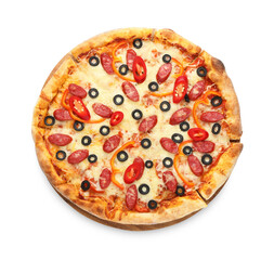 Wall Mural - Tasty pizza with cheese, dry smoked sausages, olives and chili pepper isolated on white, top view