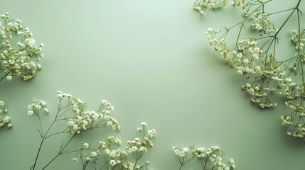 Poster - feminine wedding desktop with babys breath Gypsophila flowers on pale green background Empty space Floral frame web banner Top view Picture for blog or social media : Generative AI