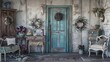 © Rasheed - shabby chic entry with a door in vintage teal, surrounded by distressed furniture and floral wreaths