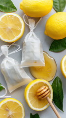 Wall Mural - A close up of a lemon with a wooden spoon and two bags of tea leaves