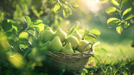 Poster - A basket full of green pears is sitting on the grass. Generate AI image