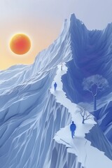 Wall Mural - A man walking up a mountain path with the sun in the background, AI