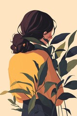 Canvas Print - A woman with a yellow shirt and green plants behind her, AI
