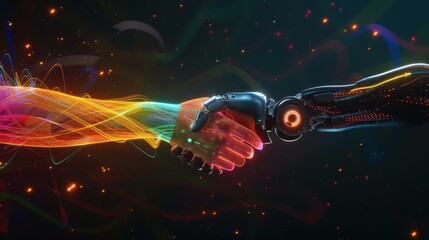 Wall Mural - A Robot hand is shown in a handshake with another hand. Technology concept