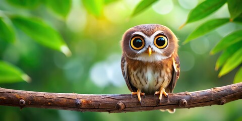 Wall Mural - Cute bird with big eyes perched on a tree branch, bird, animal, wildlife, nature, cute, small, feathered, wild, avian, adorable