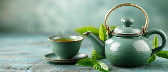 Wall Mural - A green tea kettle sits on a table next to a teacup