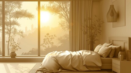 Wall Mural - A bedroom with a bed and window overlooking the city, AI