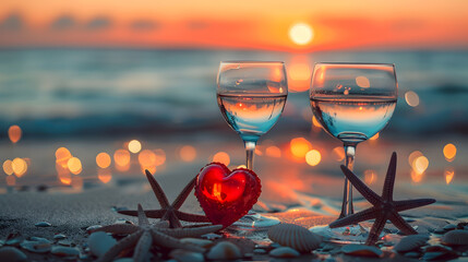 Romantic evening on the seashore Glasses with starfish and red heart The concept of Valentines Day and wedding travel Selective focus portrait format : Generative AI