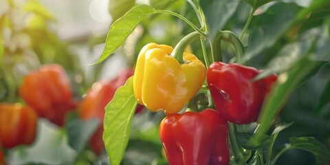 Peppers growing on a plant, ripe and green