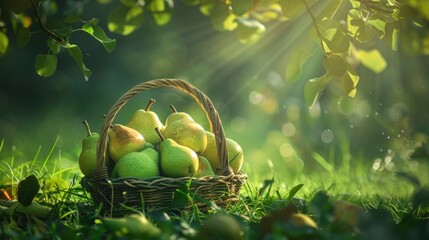 Poster - A basket full of green pears is sitting on the grass. Generate AI image