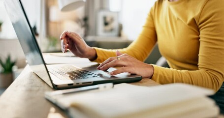 Poster - Woman, hands and laptop for typing in home office, business with remote work for startup. Female entrepreneur, website design and computer with email for plan on web, idea for creative development