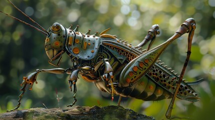 Sticker - A close up of a large grasshopper with many small gears, AI