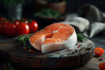 Wall Mural - Raw salmon steak on black cutting board with rosemary, spices and tomatoes