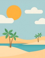 Canvas Print - Minimalist desert scene with sun and oasis, flat design