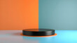 © sornram - Black podium on an orange and blue background, perfect for product displays or presentations.