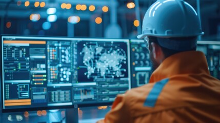 Engineer Analyzing Data on Advanced Digital Control Systems in a Futuristic Industrial Facility